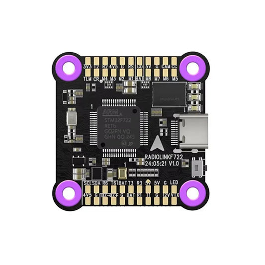 Radiolink F722 Flight Controller, Radiolink F722 flight controller features STM32F722RET6, 128MB Blackbox, 5 UARTs, HD/Analog VTX support, ARM chip, purple mounting holes, and visible USB port.