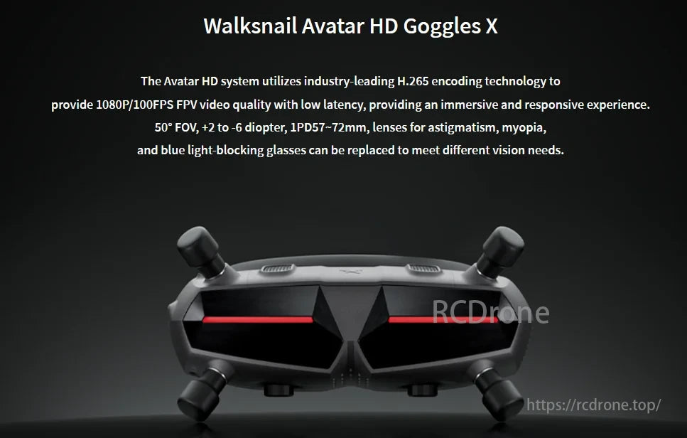 M435 Heavy Lift Drone, Walksnail Avatar HD Goggles X offer 1080P/100FPS FPV video with low latency, customizable optics, astigmatism/myopia support, and blue light-blocking glasses for immersive, versatile flying.