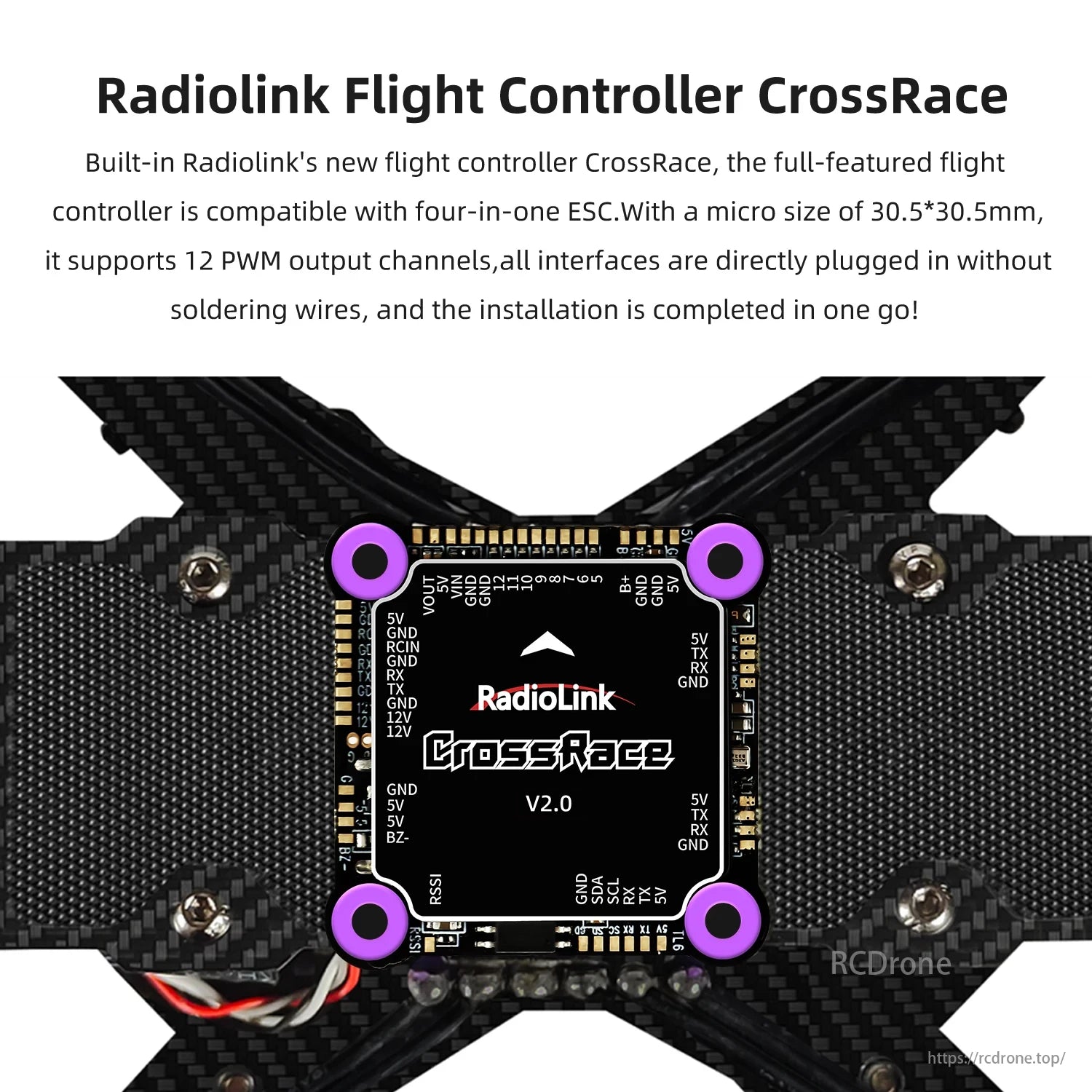 M435 Heavy Lift Drone, The Radiolink CrossRace flight controller supports four-in-one ESC, 12 PWM channels, and plug-and-play installation. Compact (30.5x30.5mm), no soldering required.