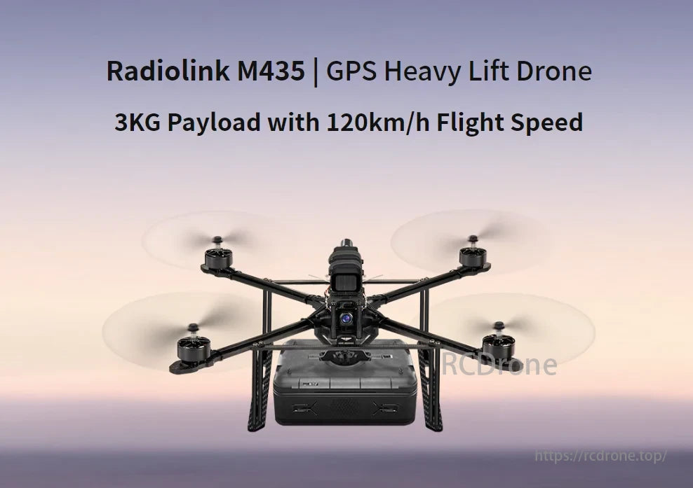 M435 Heavy Lift Drone, Radiolink M435 is a high-performance GPS drone with a 3KG payload, 120km/h speed, and 4KM range.