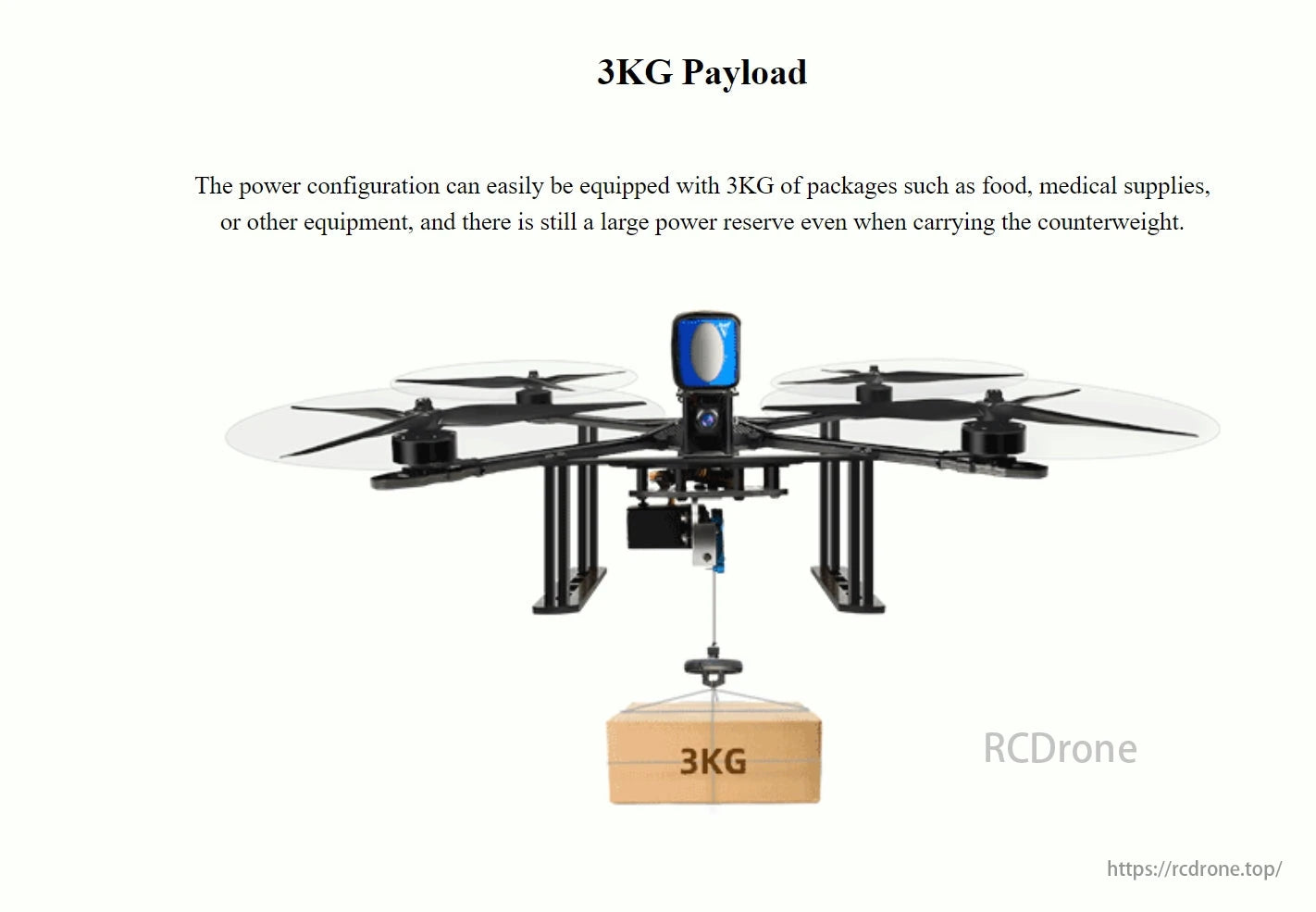 M435 Heavy Lift Drone, The RadioLink M435 drone carries up to 3KG payloads, including food and medical supplies, with sufficient power reserve.