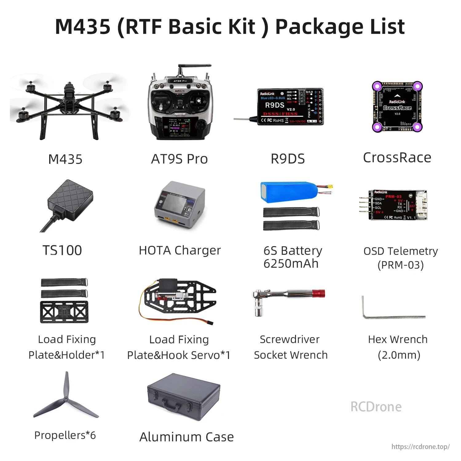 M435 Heavy Lift Drone, The M435 RTF Basic Kit includes a drone, remote, receiver, CrossRace module, batteries, charger, OSD telemetry, tools, propellers, and an aluminum case.