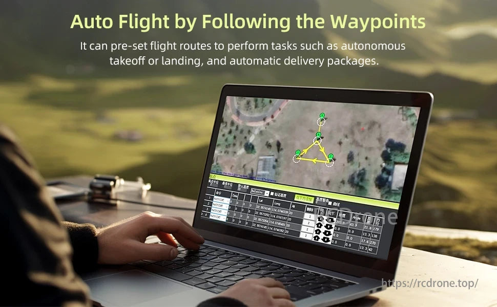 M435 Heavy Lift Drone, Auto Flight follows waypoints for autonomous takeoff, landing, and package delivery via laptop interface.