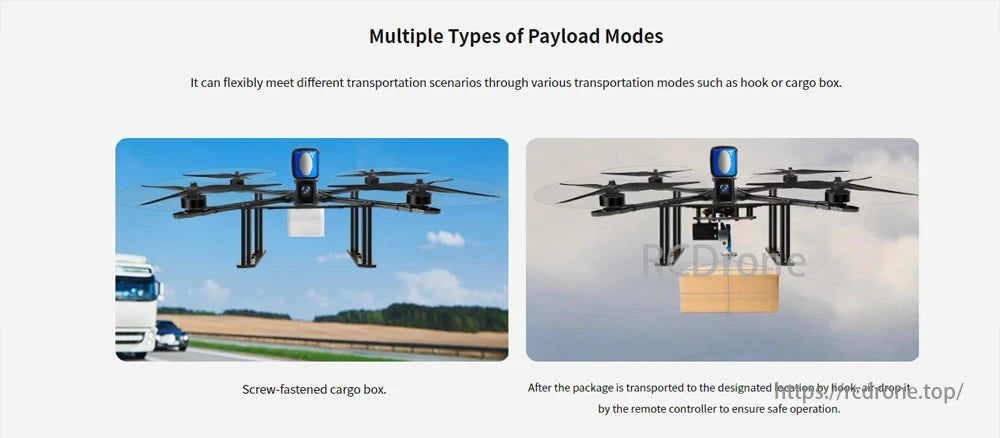 M435 Heavy Lift Drone, Multiple payload modes enable flexible transport using a screw-fastened cargo box or hook for secure air-dropping.