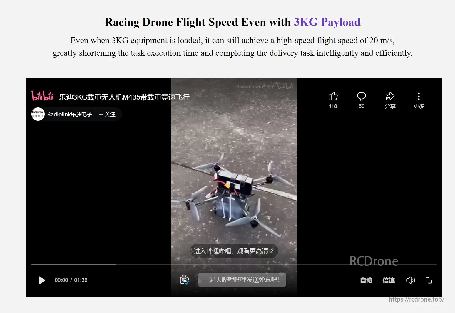 M435 Heavy Lift Drone, A racing drone reaches 20 m/s with a 3KG payload, improving efficiency. The video showcases its agility and power in heavy-lift tasks.