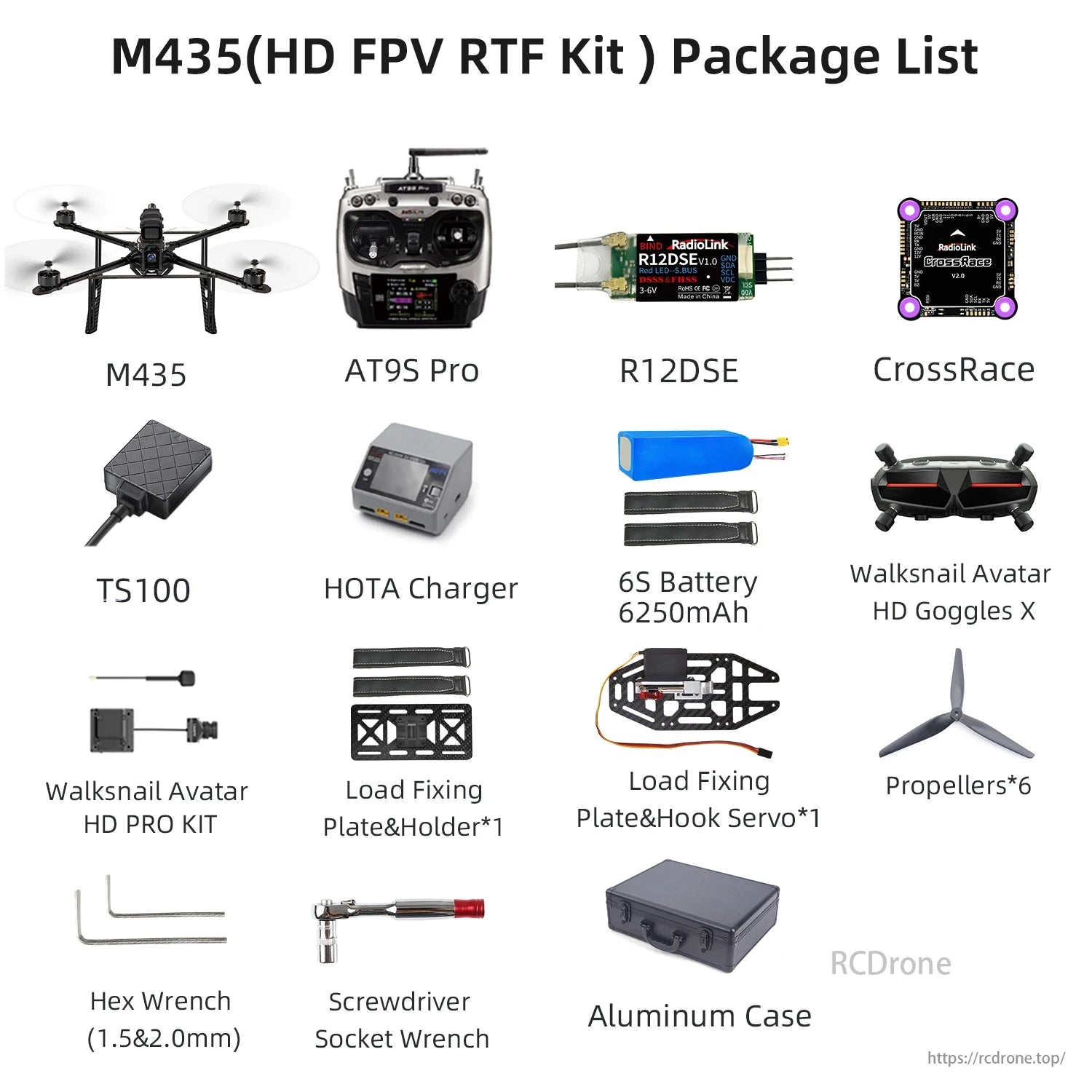 M435 Heavy Lift Drone, The M435 HD FPV RTF Kit includes a drone, controller, receiver, OSD, telemetry, charger, battery, goggles, props, plate, tools, and case.