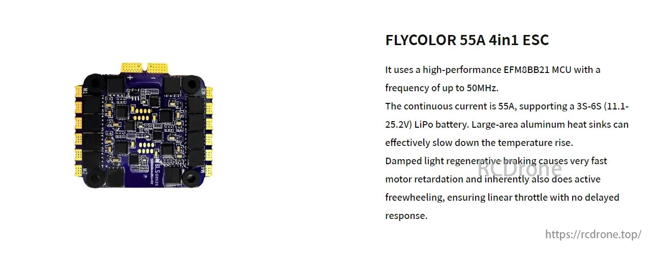 M435 Heavy Lift Drone, The FLYCOLOR 55A 4in1 ESC features a high-performance MCU, supports 55A continuous current for 3S-6S LiPo batteries, uses aluminum heat sinks for cooling, and offers efficient thermal management and responsive throttle control.
