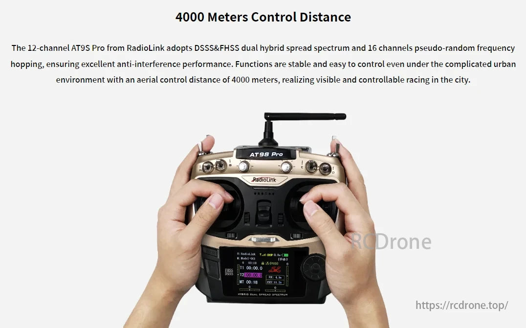 M435 Heavy Lift Drone, The RadioLink AT9S Pro offers a 4000-meter range using DSSS&FHSS technology, ensuring stable, interference-free performance for urban FPV racing.