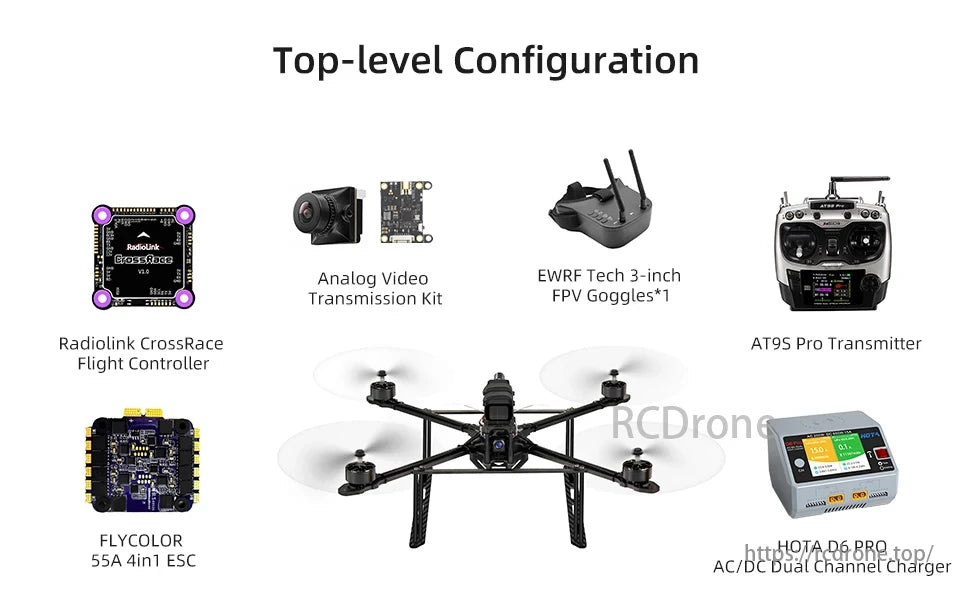 M435 Heavy Lift Drone, The top-level configuration includes a Radiolink CrossRace flight controller, analog video transmission kit, FPV goggles, AT9S Pro transmitter, FLYCOLOR ESC, and HOTA D6 PRO charger.