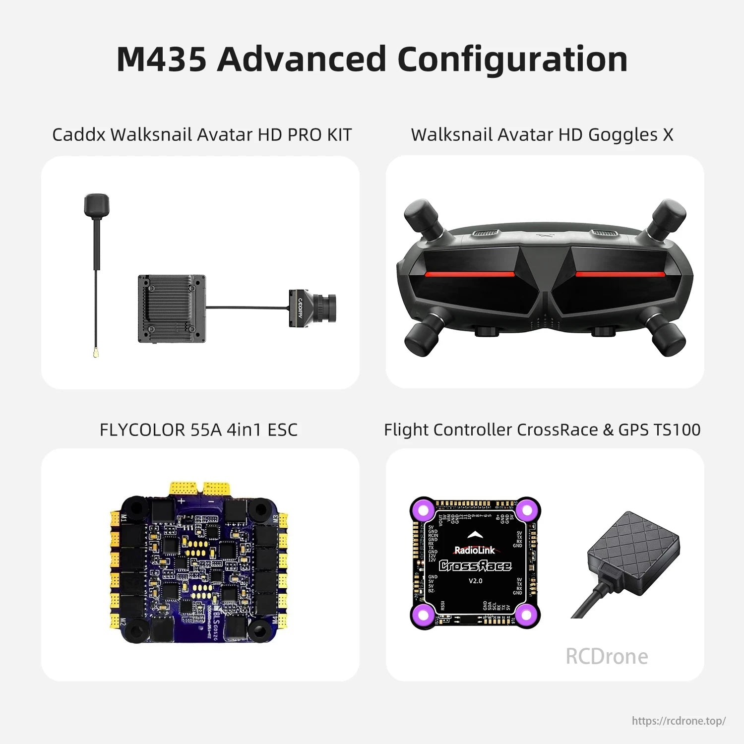 M435 Heavy Lift Drone, The M435 Advanced Configuration includes components like the Caddx Walksnail Avatar HD PRO KIT, goggles, FLYCOLOR ESC, and CrossRace flight controller with GPS for improved drone performance.
