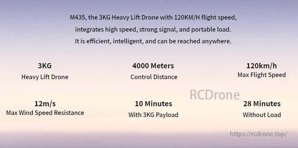 M435 Heavy Lift Drone, Drone M435: 3KG payload, 120km/h speed, 4000m range, 28 minutes flight time. Compact, smart, efficient.