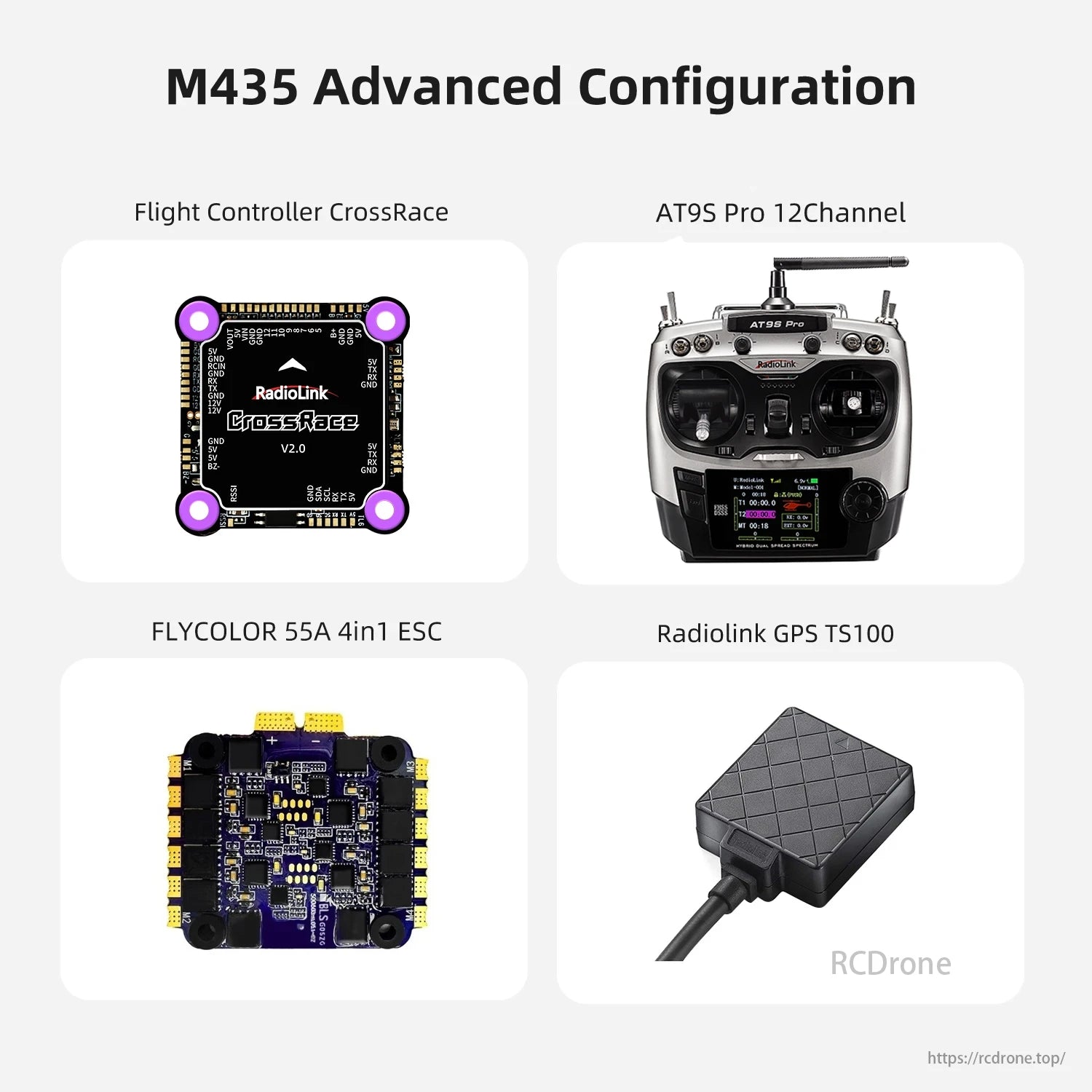M435 Heavy Lift Drone, The M435 Advanced Configuration includes a CrossRace flight controller, AT9S Pro transmitter, FLYCOLOR ESC, and Radiolink GPS for improved drone performance.