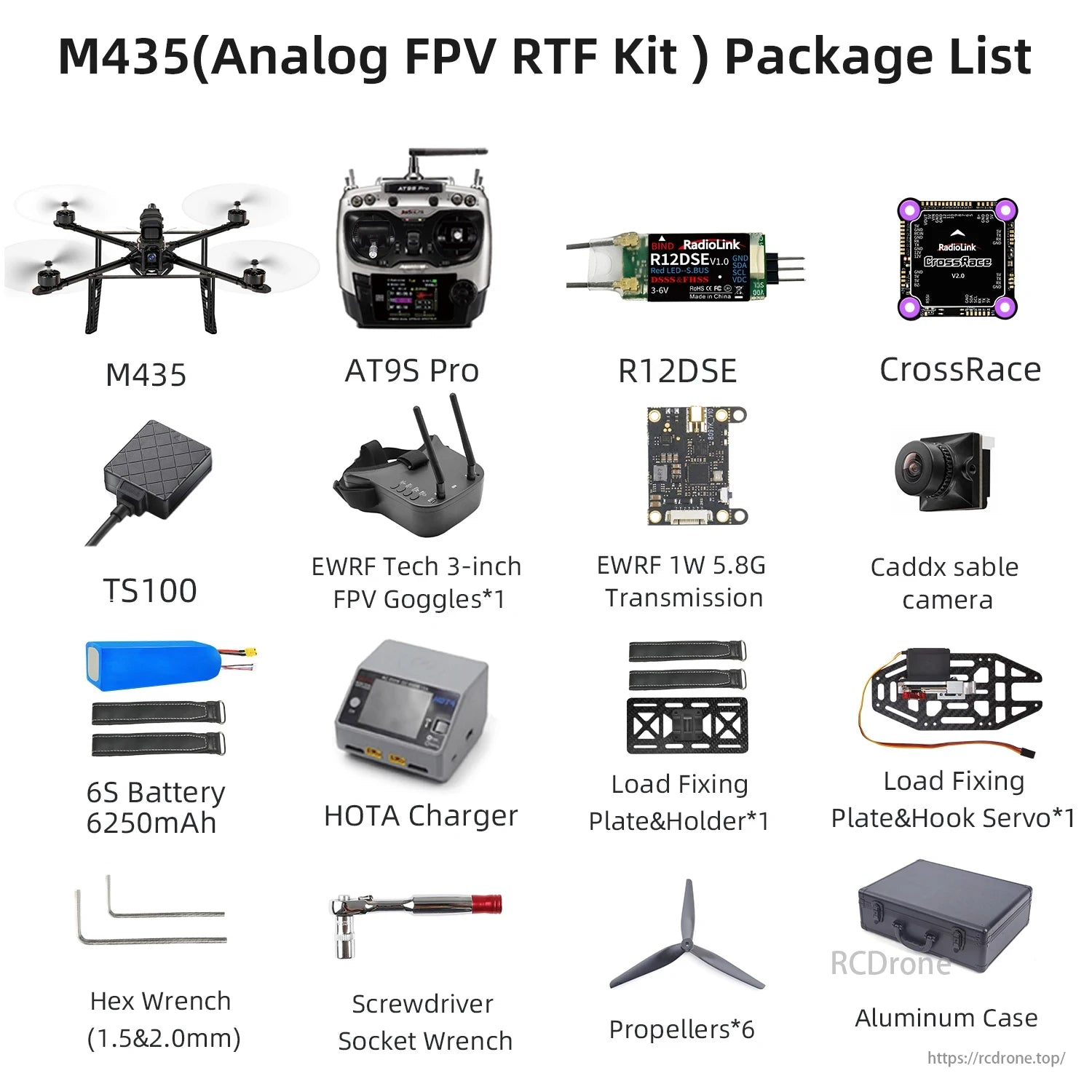 M435 Heavy Lift Drone, The M435 FPV RTF Kit includes a drone, remote, receiver, FPV gear, battery, charger, camera, props, tools, and case.