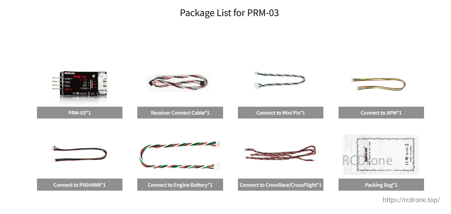 RadioLink PRM-03 Real-time OSD Telemetry, The PRM-03 package includes the device, cables for various systems, a battery, and a packing bag.