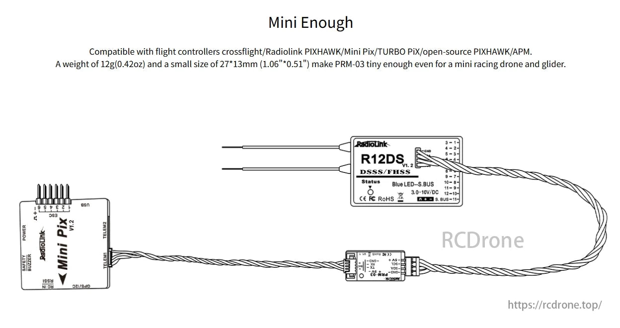 RadioLink PRM-03 Real-time OSD Telemetry, Mini Pix and R12DS connect via PRM-03, compatible with various flight controllers. Lightweight (12g), compact (27x13mm), ideal for mini racing drones and gliders. Supports real-time OSD telemetry.