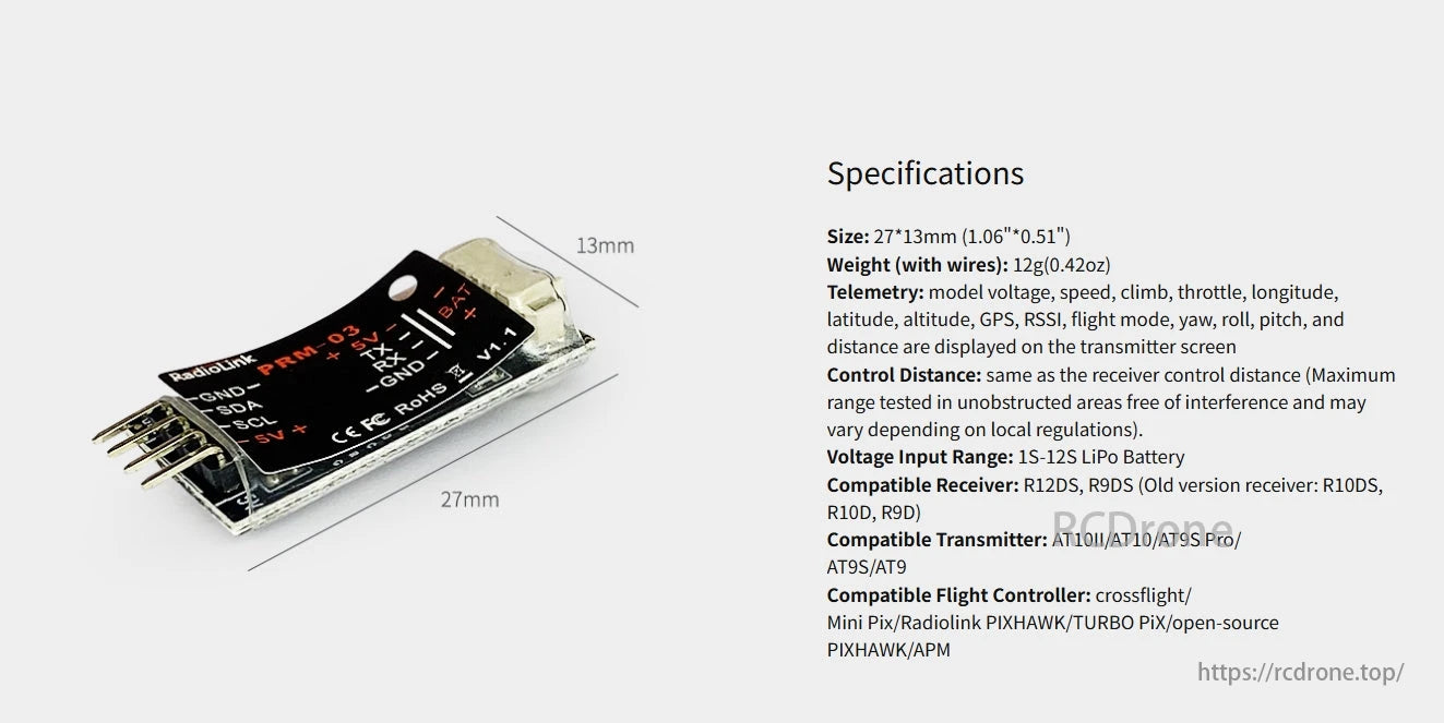 RadioLink PRM-03 Real-time OSD Telemetry, RadioLink PRM-03 OSD telemetry module: 27x13mm, 12g. Monitors voltage, speed, GPS. Works with R12DS, R9DS receivers and AT10II/AT10 transmitters.