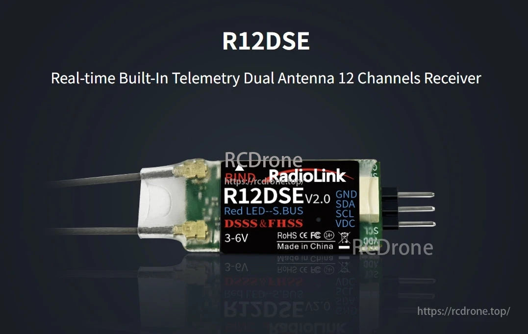 RadioLink R12DSE Receiver, The R12DSE is a dual-antenna, 12-channel receiver by RadioLink using DSSS & FHSS tech. It supports S.BUS, operates on 3-6V, has RoHS, CE, FCC certifications, and offers reliable performance for remote control systems with easy integration.
