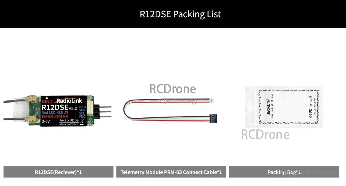 RadioLink R12DSE Receiver, The RadioLink R12DSE V2.0 receiver includes a telemetry module, cable, bag, uses DS/SS and FHSS tech, operates on 3-6V, and has an LED for S.BUS compatibility.