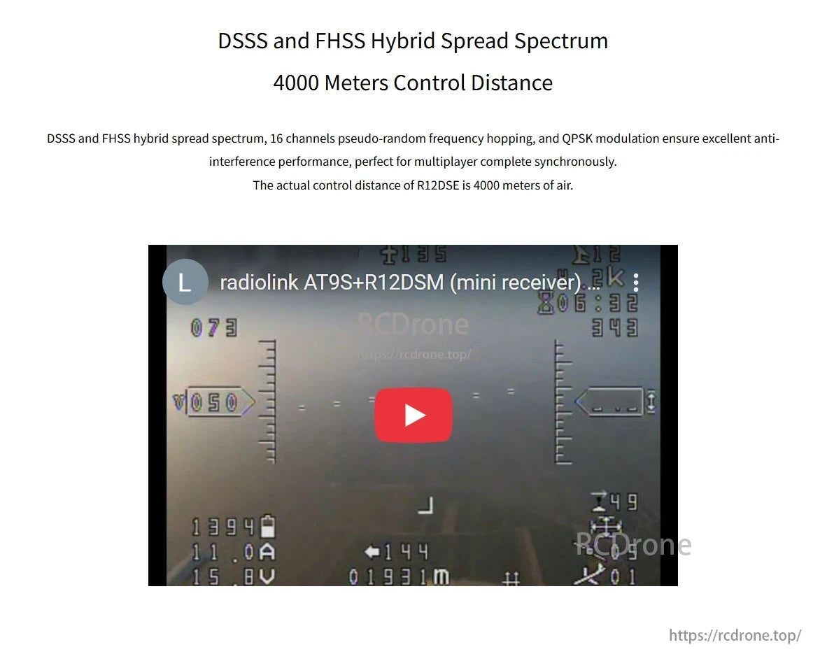 RadioLink R12DSE Receiver, DSSS and FHSS hybrid spread spectrum enables 4000m control range with 16-channel frequency hopping and QPSK modulation for strong interference resistance.