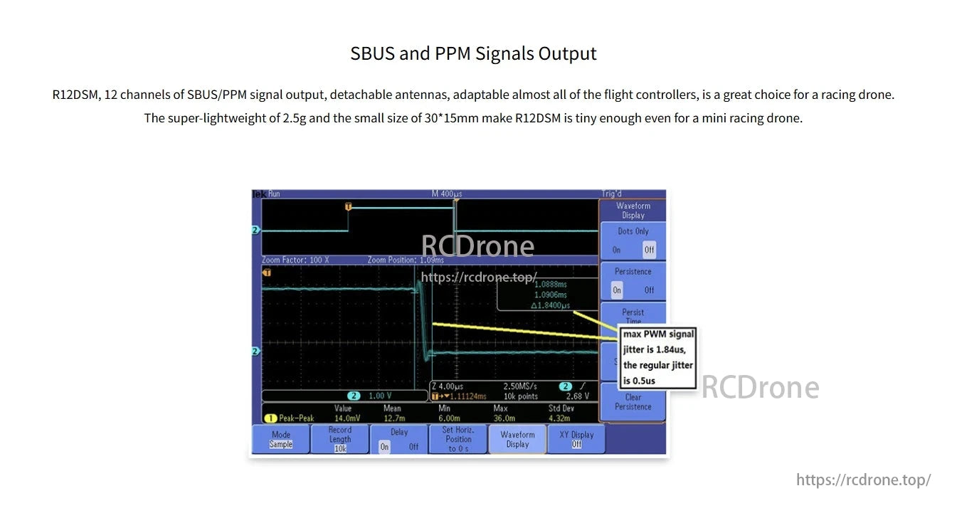 RadioLink R12DSM 2.4GHz 12CH SBUS/PPM Receiver, R12DSM provides 12 SBUS/PPM channels, detachable antennas, lightweight (2.5g), compact (30x15mm), ideal for racing drones with minimal PWM jitter.