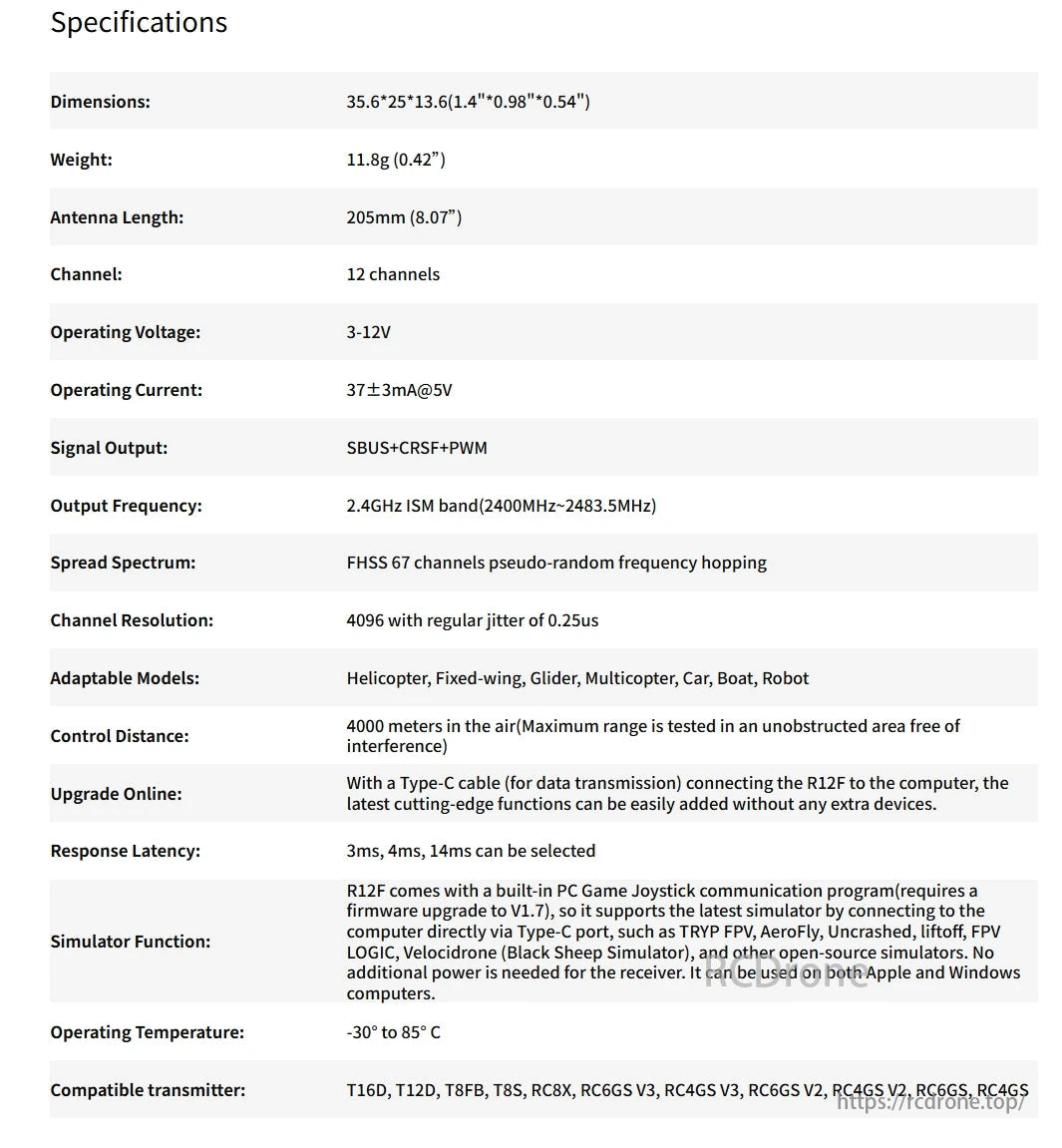 RadioLink R12F 12CH SBUS CRSF PWM Receiver, The RadioLink R12F receiver offers 12 channels, 4 km range, 2.4 GHz FHSS, low latency, and compatibility with multiple protocols and transmitters.
