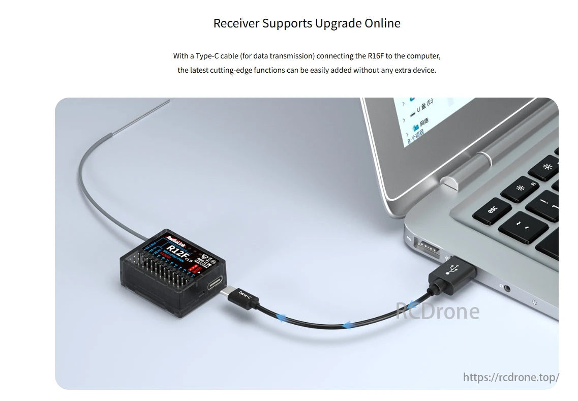 RadioLink R12F 12CH SBUS CRSF PWM Receiver, RadioLink R12F receiver supports online upgrades via Type-C cable for easy function additions.