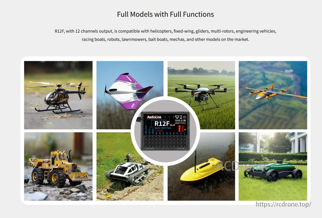 RadioLink R12F 12CH SBUS CRSF PWM Receiver, The RadioLink R12F 12CH receiver supports various models like helicopters, drones, boats, robots, and more, offering full functionality.