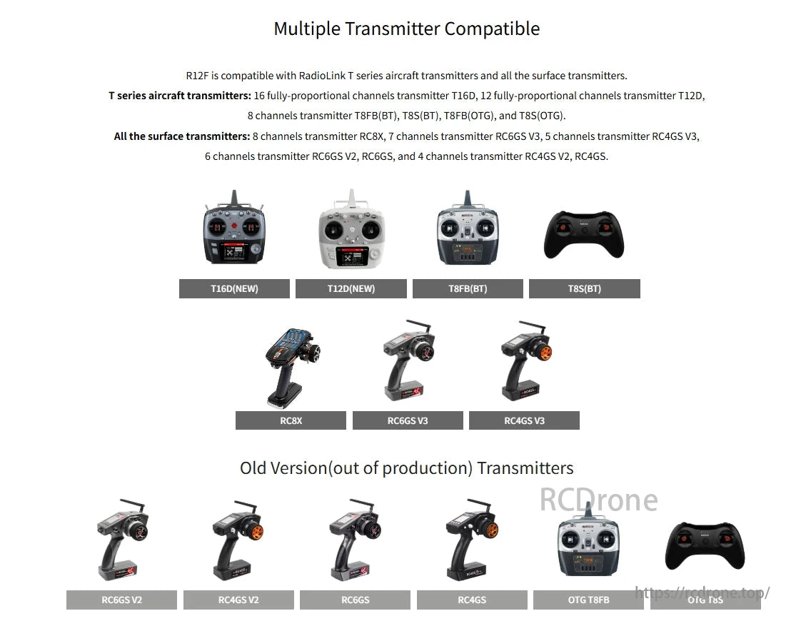 RadioLink R12F 12CH SBUS CRSF PWM Receiver, R12F works with RadioLink T series and all surface transmitters like T16D, T12D, T8FB(BT), T8S(BT), RC8X, RC6GS V3, RC4GS V3, and older models.