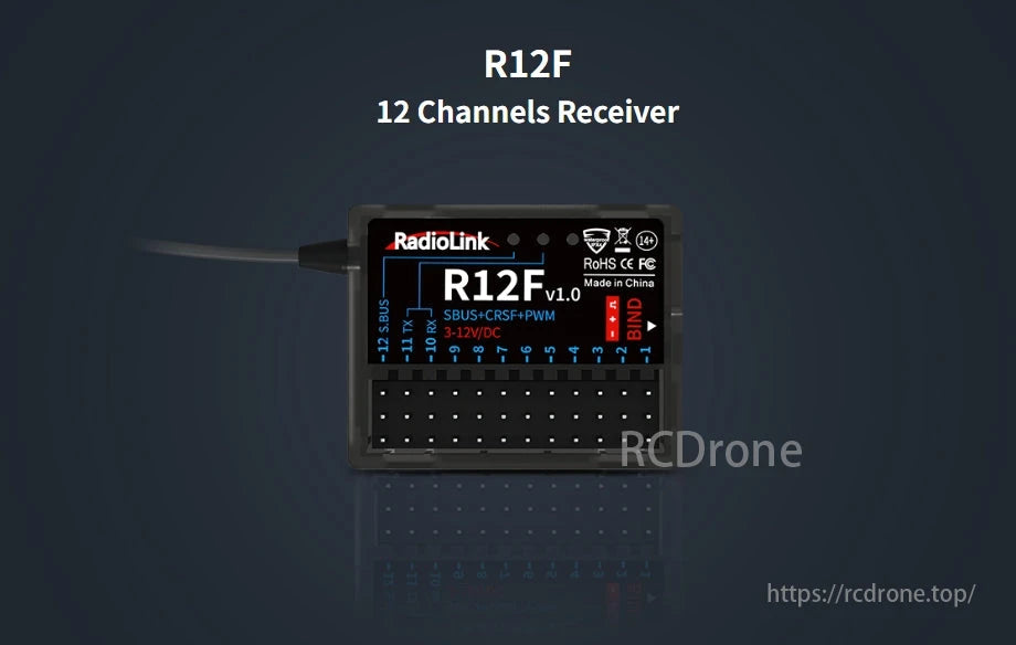 RadioLink R12F 12CH SBUS CRSF PWM Receiver, RadioLink R12F 12CH receiver supports SBUS, CRSF, PWM protocols.