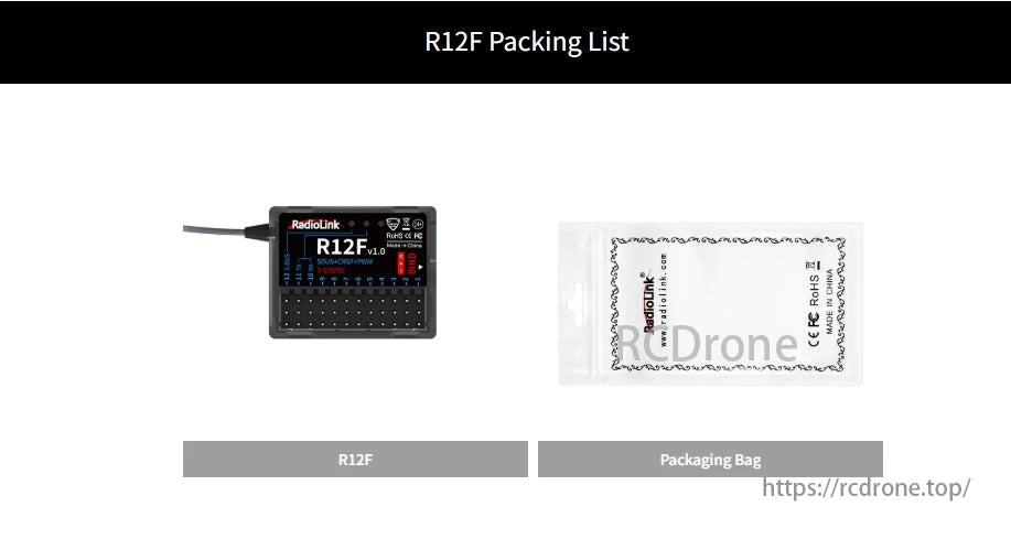 RadioLink R12F 12CH SBUS CRSF PWM Receiver, RadioLink R12F 12CH receiver with packaging bag included.