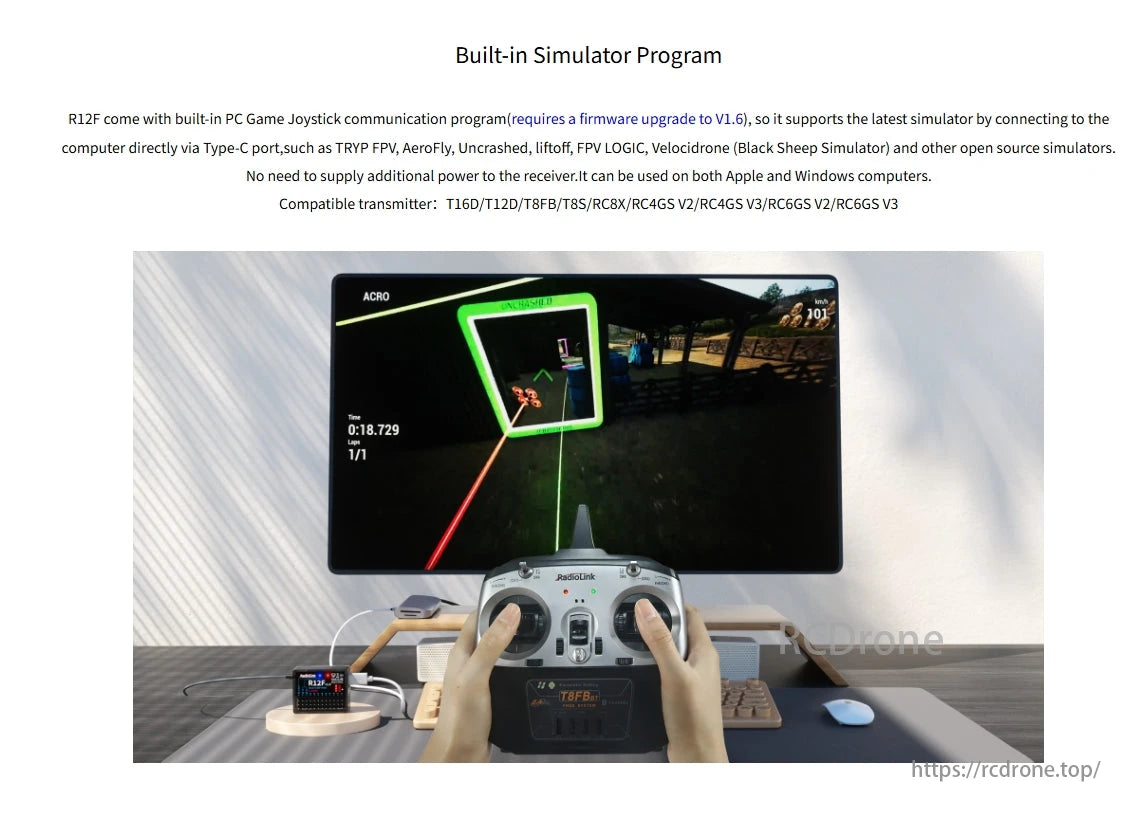 RadioLink R12F 12CH SBUS CRSF PWM Receiver, The R12F drone comes with a built-in simulator that requires firmware upgrade to V1.6 for direct PC connection.