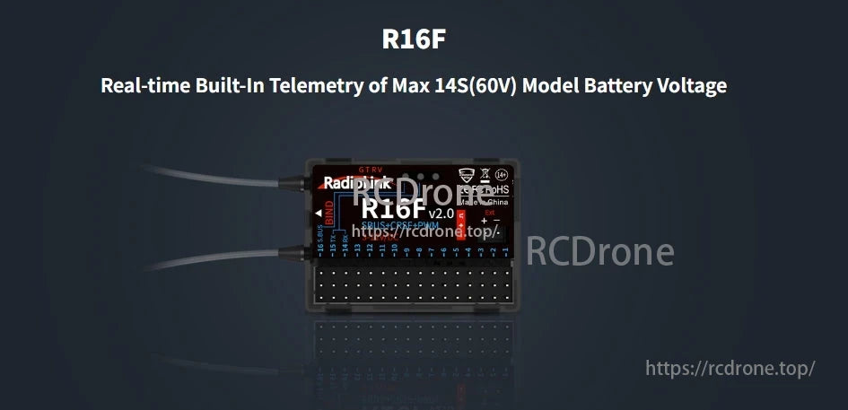 RadioLink R16F 2.4GHz 16CH Receiver, The RadioLink R16F is a 2.4GHz, 16-channel receiver with real-time telemetry for monitoring up to 14S (60V) battery voltage in models.