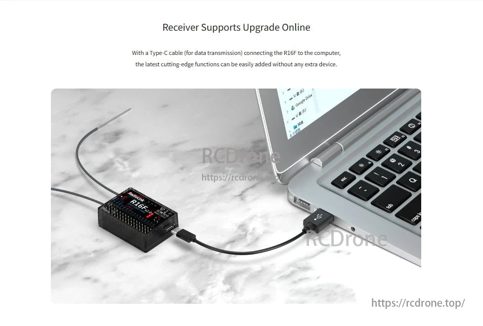 The RadioLink R16F 2.4GHz 16CH receiver supports online upgrades via Type-C cable for updated features.