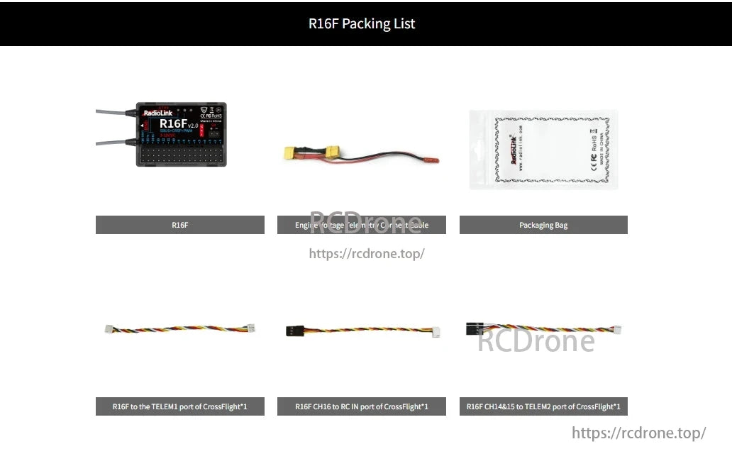 The RadioLink R16F 2.4GHz 16CH receiver includes: R16F, engine voltage telemetry cable, packaging bag, and three CrossFlight port cables.