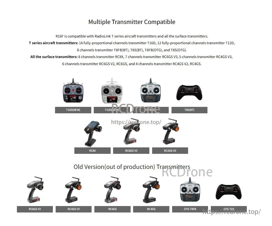 RadioLink R16F 2.4GHz 16CH Receiver, The RadioLink R16F works with T series and surface transmitters, supporting multiple channels for flexible control.