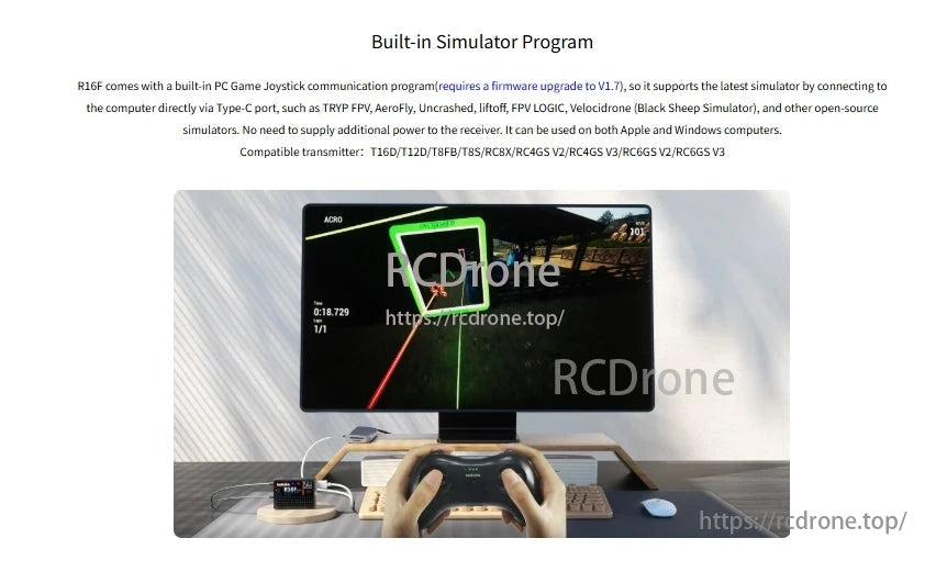 RadioLink R16F 2.4GHz 16CH Receiver, Built-in PC joystick via Type-C for simulators. Supports TRYP FPV, AeroFly, Apple, Windows. Works with T16D/T12D/T8FB transmitters. No extra power needed.