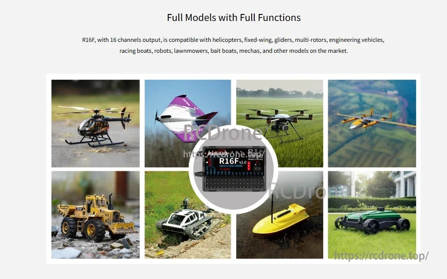 RadioLink R16F 2.4GHz 16CH Receiver, The RadioLink R16F receiver supports various models including helicopters, drones, boats, and robots with full functionality.