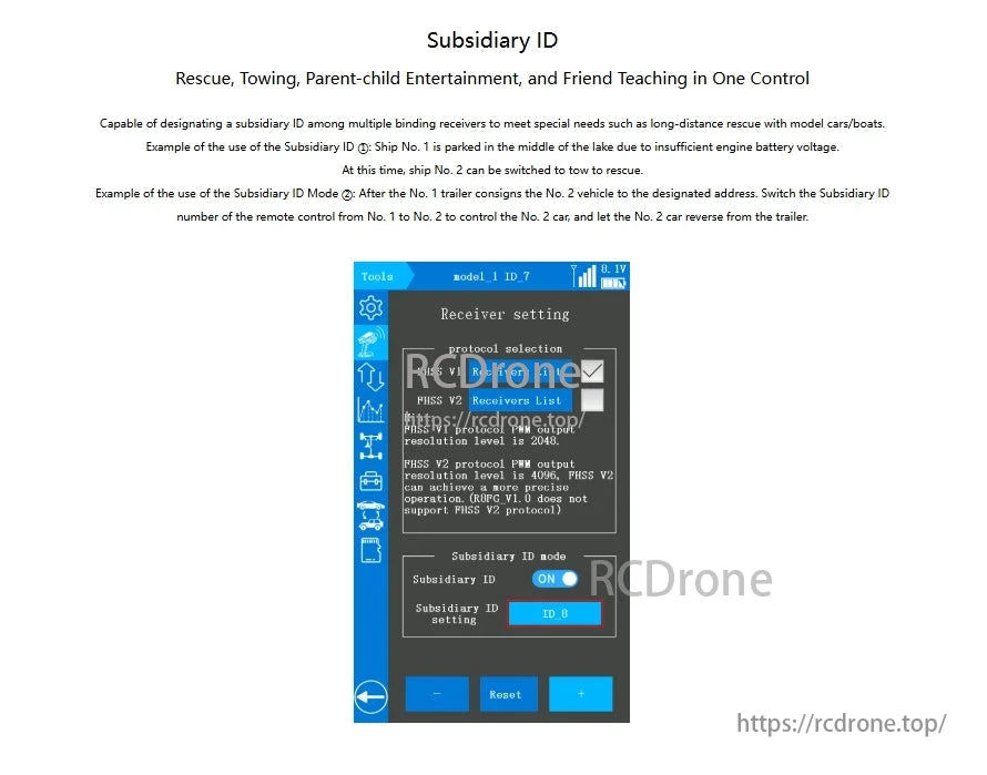 RadioLink R16F 2.4GHz 16CH Receiver, The RadioLink R16F receiver allows control switching between multiple devices using a Subsidiary ID, ideal for rescue, towing, and teaching. It supports PHSS V1/V2 protocols with adjustable resolution.