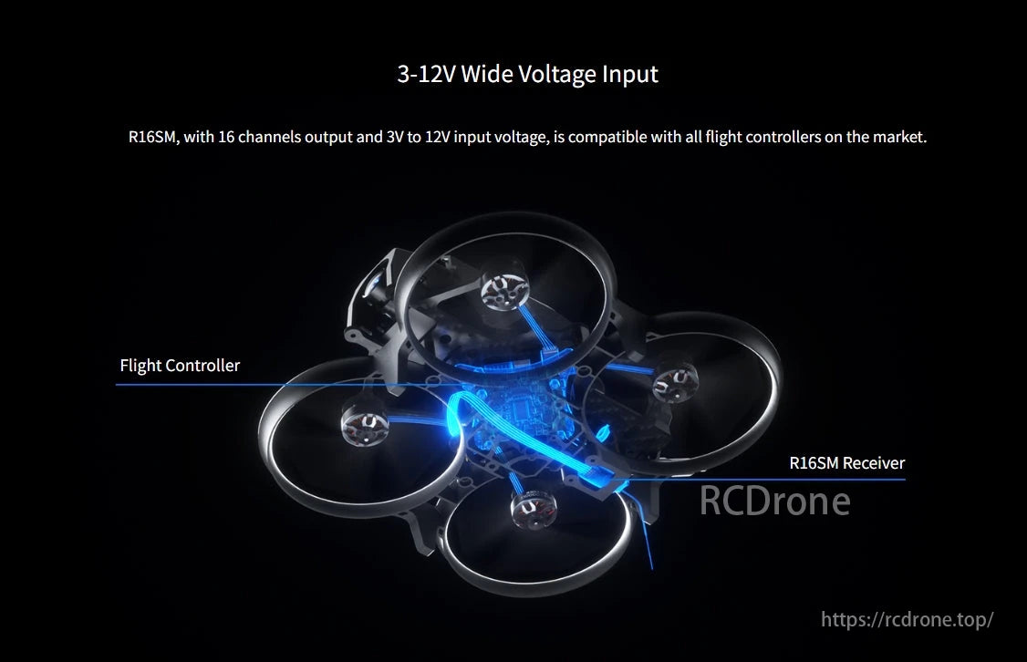 RadioLink R16SM 16 Channels Receiver, The R16SM receiver operates on 3-12V, provides 16 channels, and works with all flight controllers.