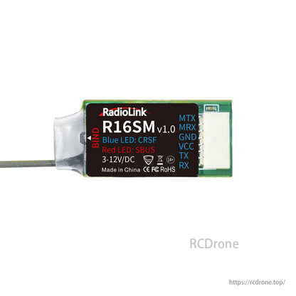 RadioLink R16SM 16 Channels Receiver, The RadioLink R16SM v1.0 is a 16-channel receiver with SBUS/CRSF, telemetry, blue/red LEDs, and 3-12V power input.
