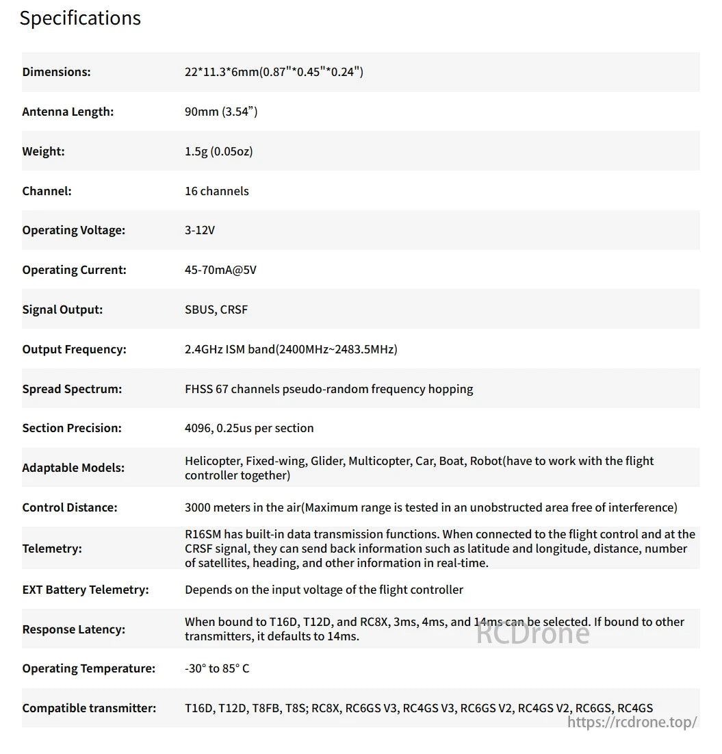 RadioLink R16SM 16 Channels Receiver, The RadioLink R16SM is a 16-channel, 2.4GHz FHSS receiver with 3000m range, SBUS/CRSF output, telemetry, wide temperature range, and compatibility with multiple transmitters.