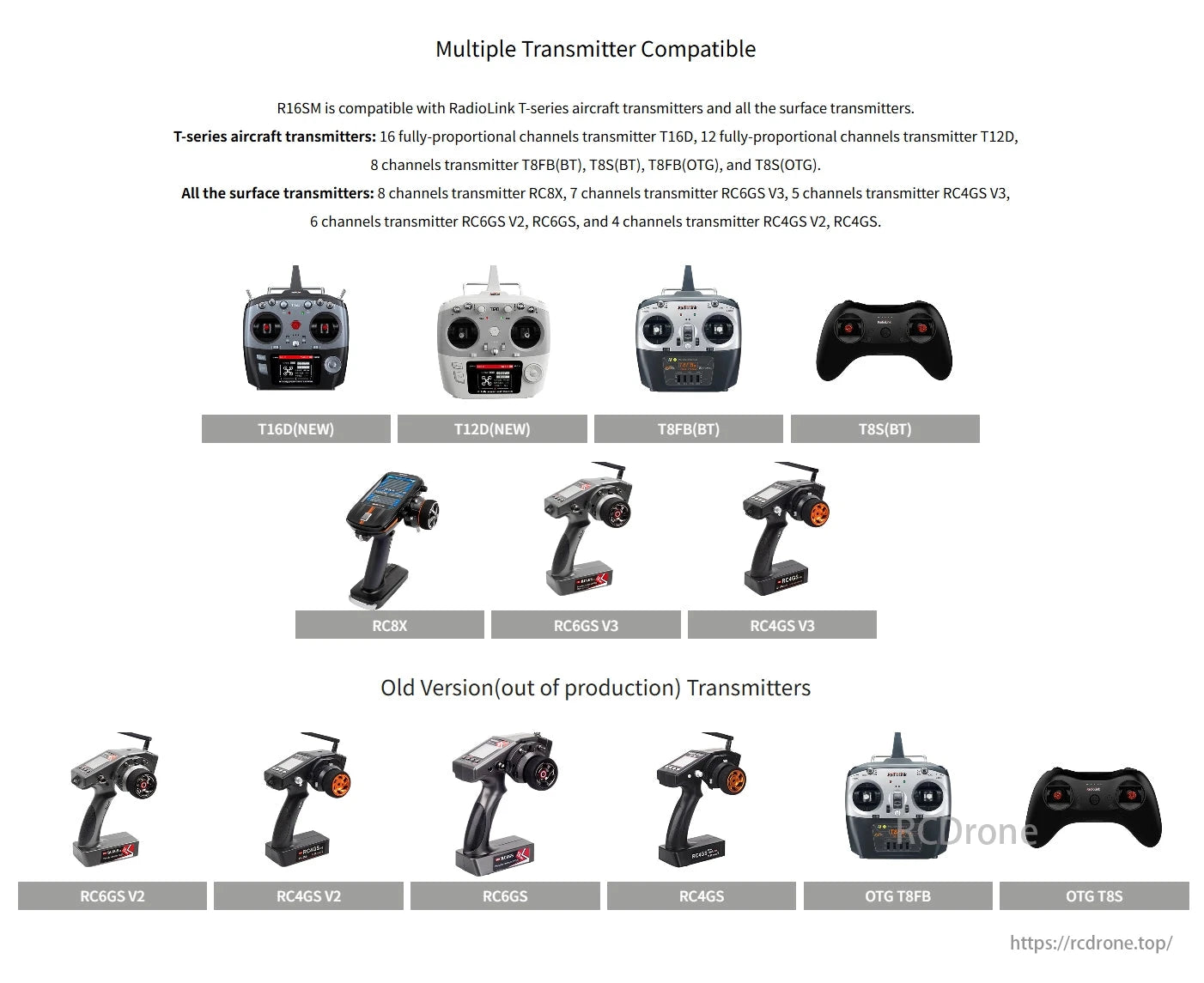 RadioLink R16SM 16 Channels Receiver, The R16SM receiver works with RadioLink T-series aircraft and surface transmitters, including older models like RC6GS V2 and OTG T8FB.