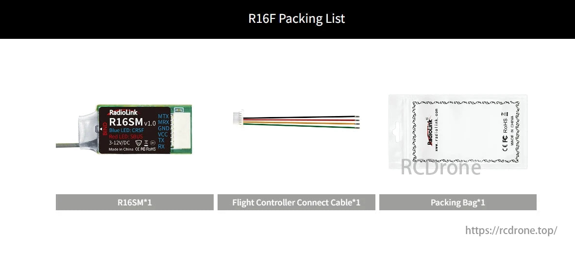 RadioLink R16SM 16 Channels Receiver, The RadioLink R16SM receiver offers 16 channels, SBUS/CRSF support, built-in telemetry, and includes a flight controller cable and bag.