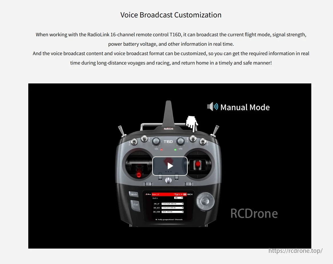 RadioLink R16SM 16 Channels Receiver, Customize voice broadcasts on the RadioLink T16D remote control for real-time flight info, enhancing safety and control during long-distance flights and racing.