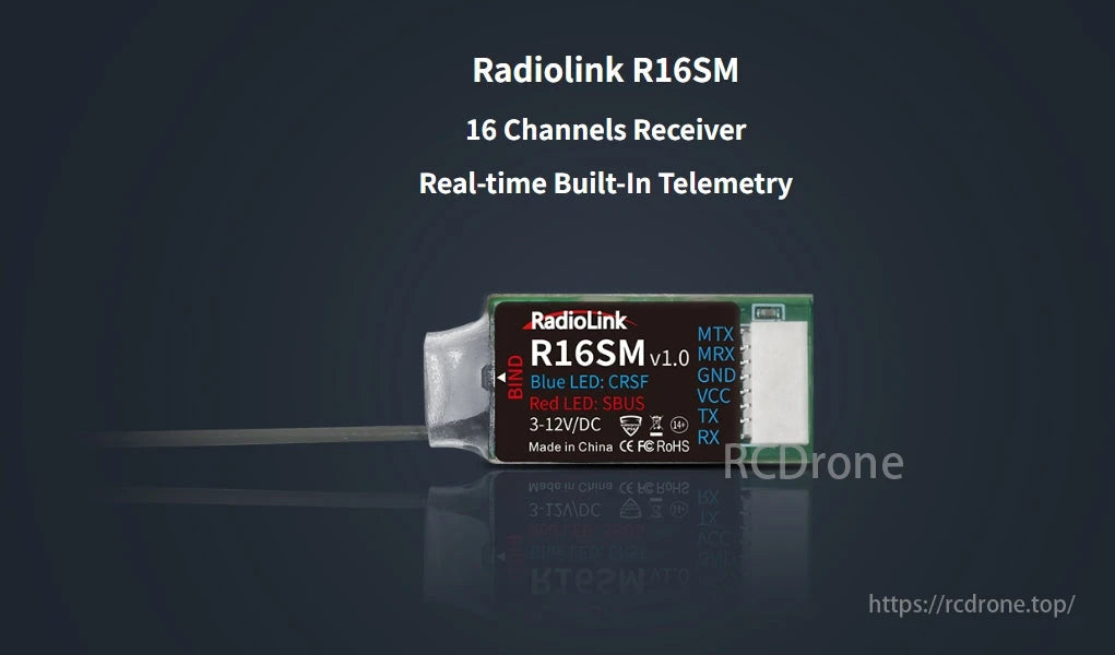 RadioLink R16SM 16 Channels Receiver, The RadioLink R16SM receiver offers 16 channels, real-time telemetry, supports SBUS/CRSF, has status LEDs, operates on 3-12V DC, and is CE/RoHS certified.