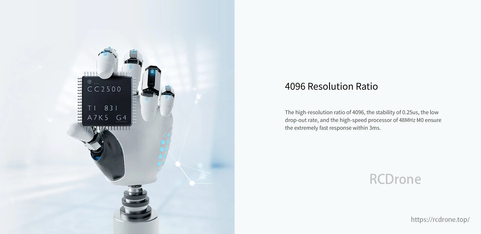 RadioLink R4FGM 4-Channel Mini Receiver, The RadioLink R4FGM mini receiver features 4-channel control, 4096 resolution, 0.25µs stability, low dropout, 48MHz processor, and 3ms response time.