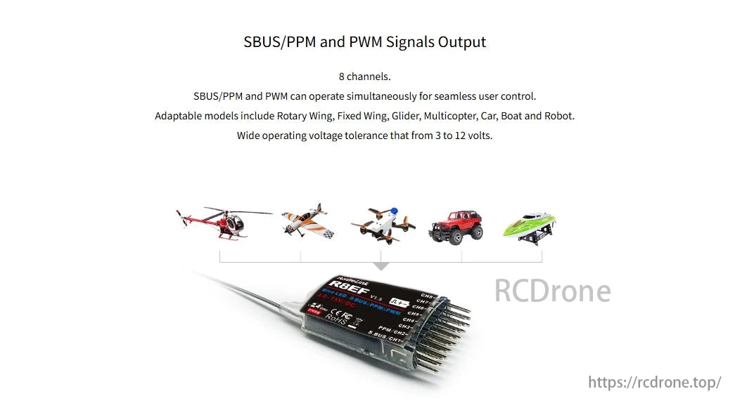 RadioLink R8EF 8-Channel SBUS PPM PWM Receiver, The R8EF 8-channel receiver supports SBUS, PPM, PWM, works with various vehicles, and operates from 3 to 12 volts.