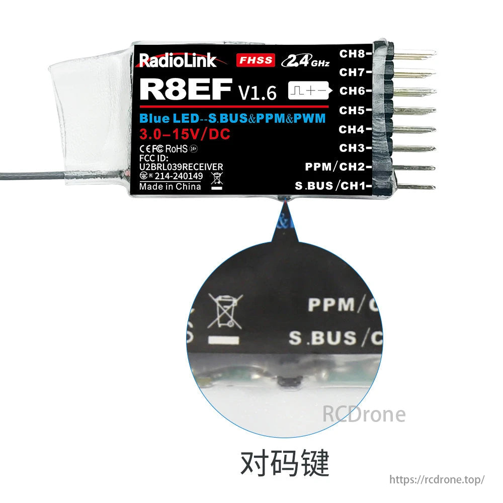 RadioLink R8EF 8-Channel SBUS PPM PWM Receiver, The RadioLink R8EF V1.6 is an 8-channel 2.4GHz receiver with 2KM range, supporting SBUS, PPM, and PWM. It operates on 3.0V–15V DC, features a blue LED, pairing button, and labeled outputs. Compliant with CE, FCC, RoHS. Ideal for drones, cars, and planes. Made in China.