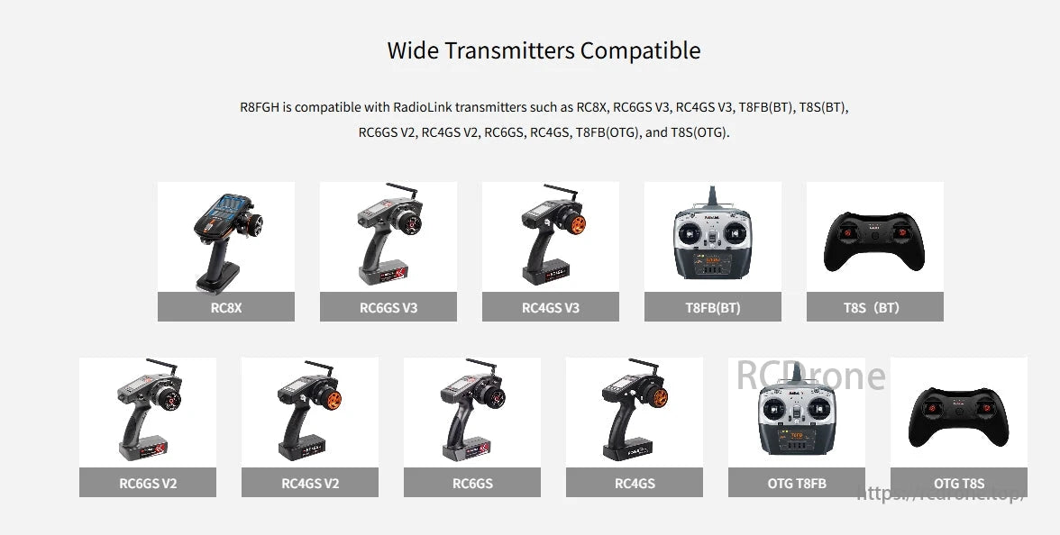 RadioLink R8FGH 8CH Receiver, R8FGH works with various RadioLink transmitters including RC8X, RC6GS, RC4GS, T8FB, and T8S models.