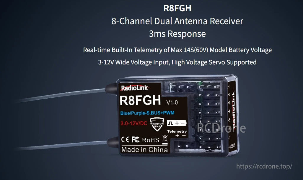 RadioLink R8FGH 8CH Receiver, The RadioLink R8FGH receiver offers 8 channels, 3ms response, telemetry, 14S battery support, IPX4 waterproofing, and CE/FCC/RoHS certifications.